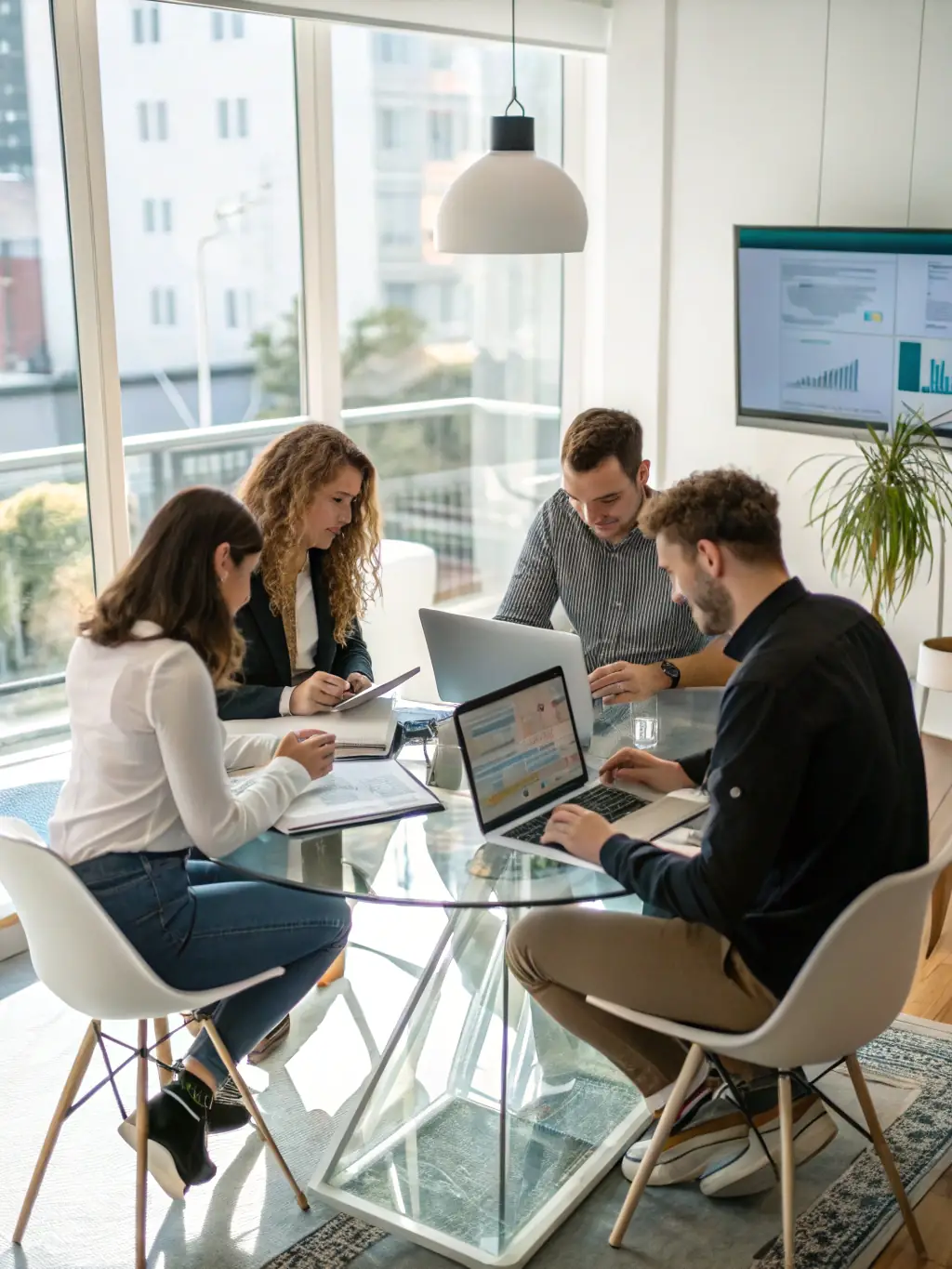 A team of marketing professionals brainstorming ideas around a table with laptops and marketing materials, representing marketing strategy development at Metropolis.