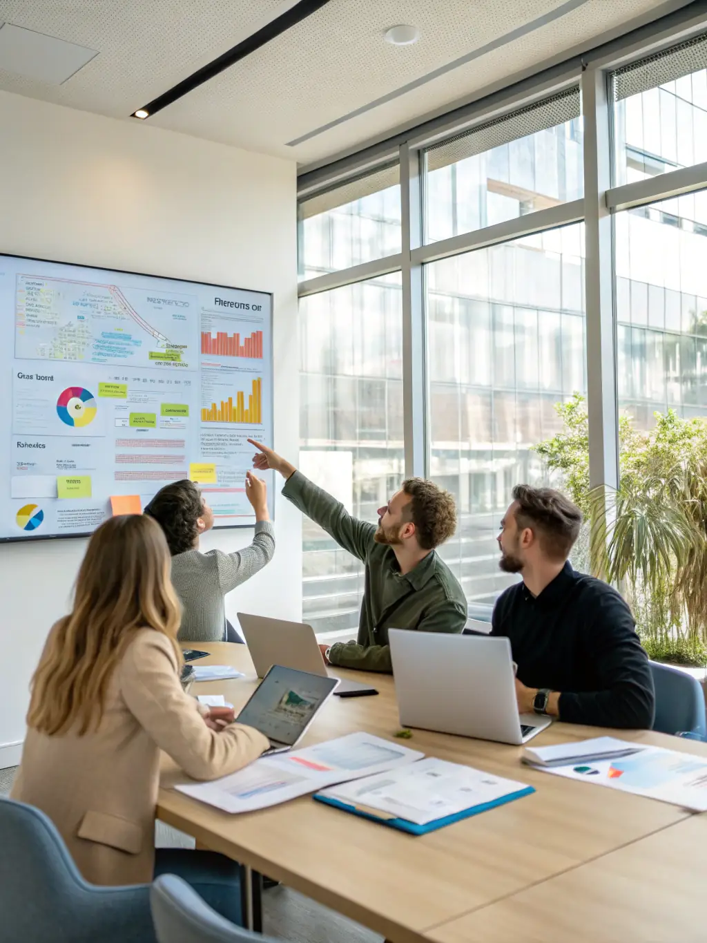 An image of a business team collaborating over a strategic plan on a conference table, symbolizing strategic business planning.