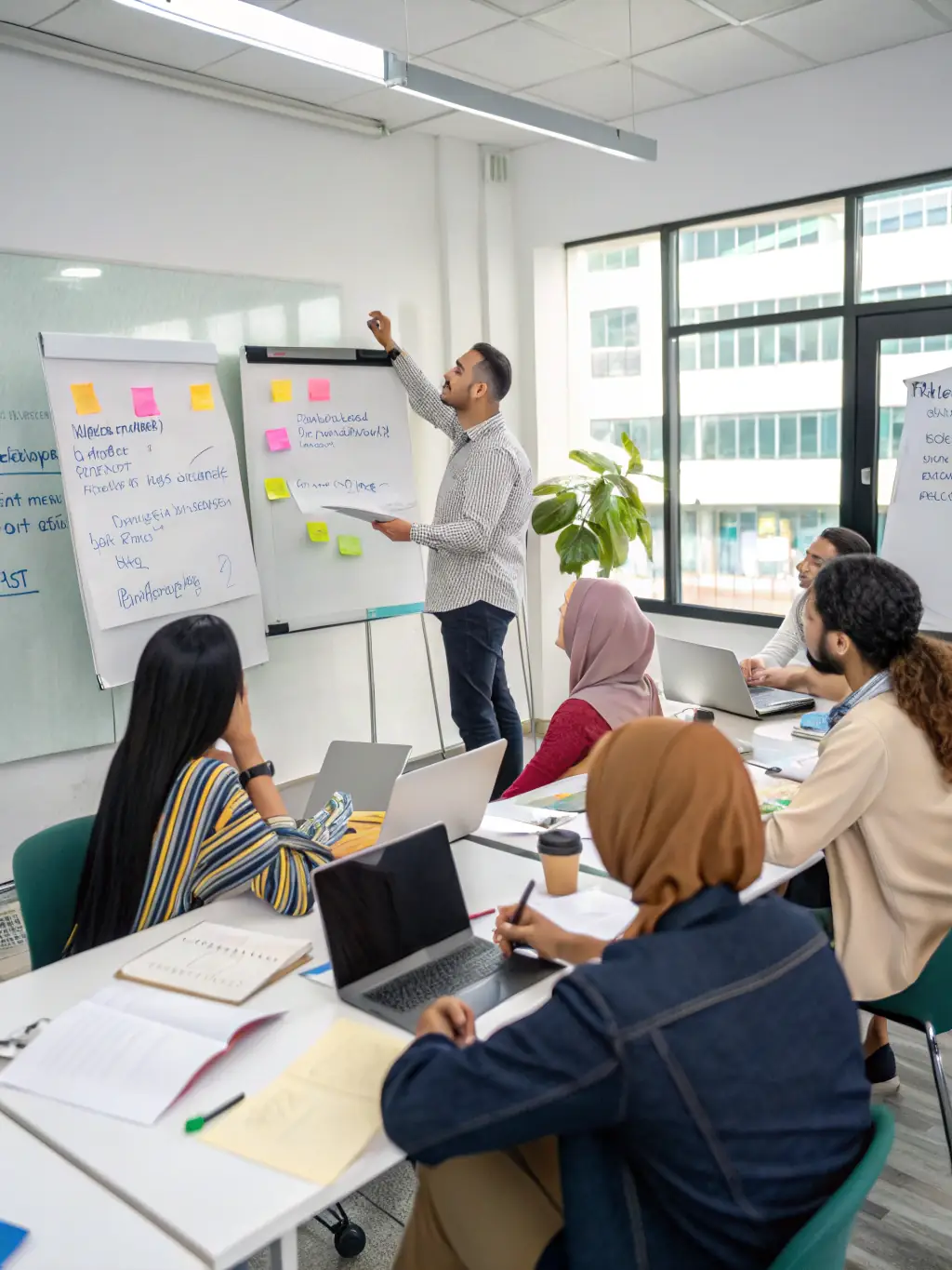 A sales team in a training session with a consultant presenting sales techniques, illustrating sales development.
