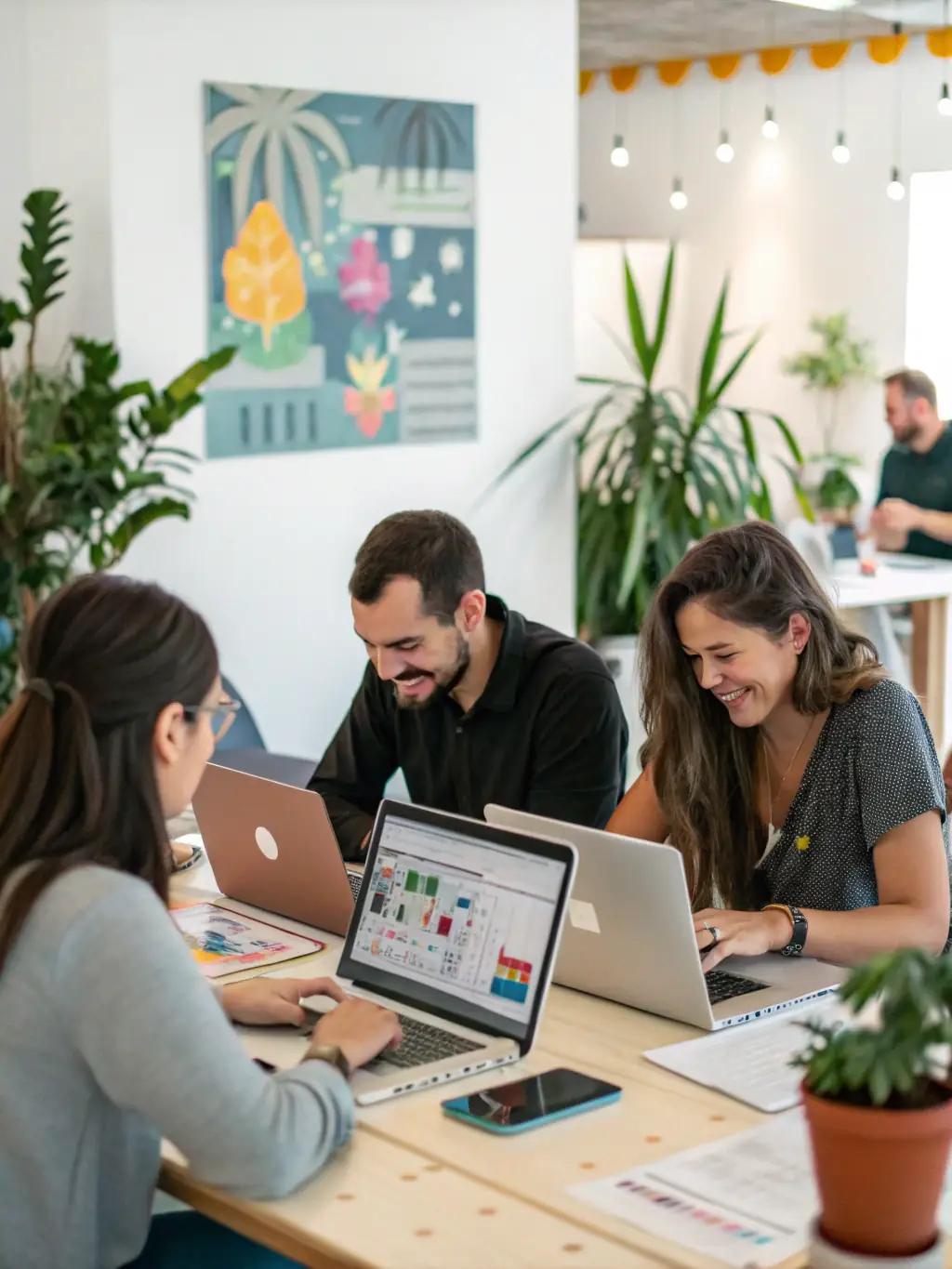 A digital marketing team analyzing campaign data on multiple screens, representing marketing strategy development.
