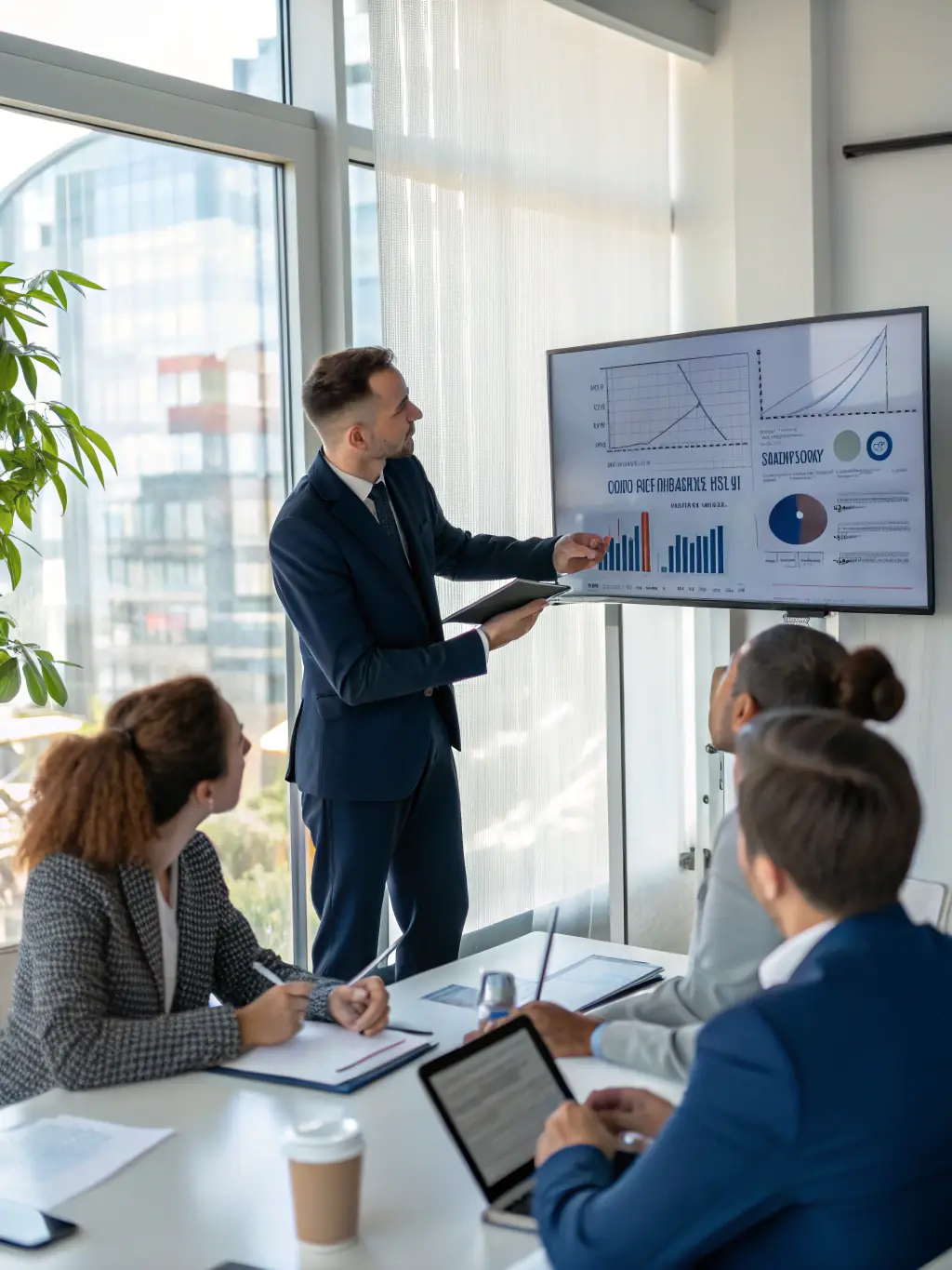 A consultant in a suit, standing in front of a whiteboard covered in strategic planning notes, smiling confidently, symbolizing strategic business planning at Metropolis.